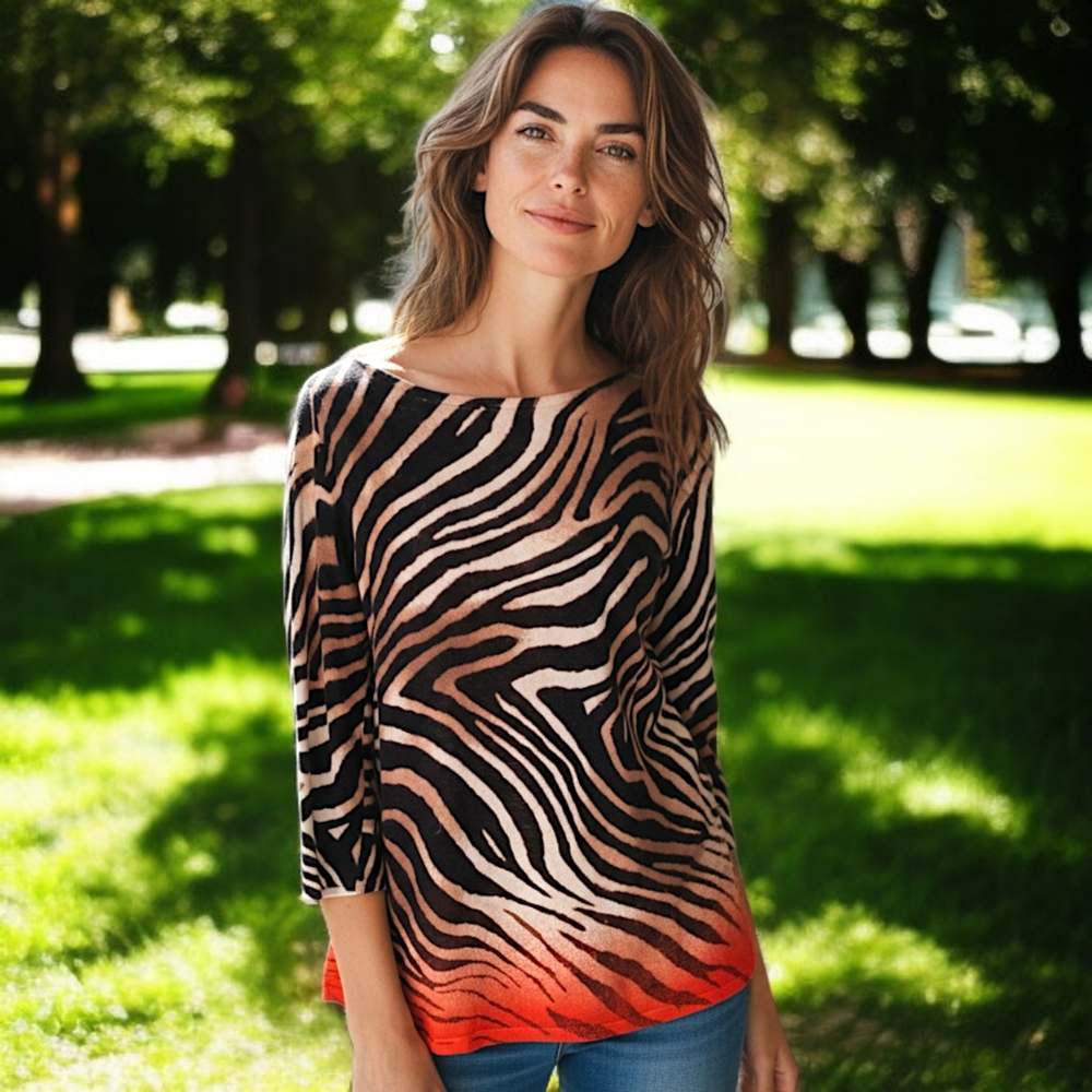 Ralph Lauren LRL Tunic Top Sz L Petite Linen Blend Knit Animal Print Mob Wife